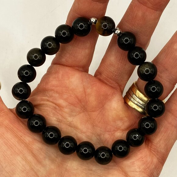 Men's Black Obsidian Gemstone Stretch Bracelet Handmade Brand New - Picture 4 of 5